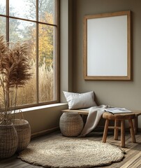 Minimalist Interior Scene Empty Wooden Frame Natural Light Scandinavian Design