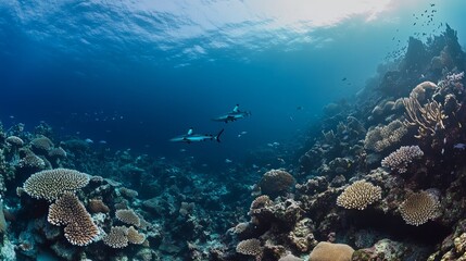 Obraz premium A deep coral wall, with larger pelagic species like barracudas and sharks cruising along the edge,AI Generative.