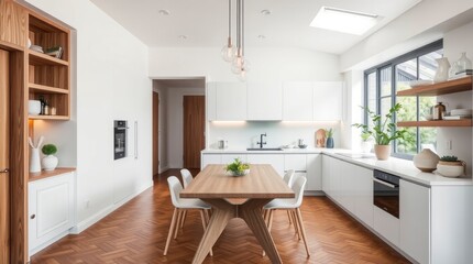A contemporary elegant house featuring a modern kitchen, table, wooden elements, and parquet floor, showcasing a minimalist white and gray interior in vibrant electric colors