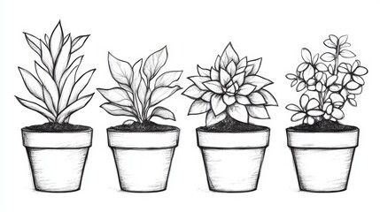 Fototapeta premium Potted Plants Sketch A Collection of Houseplants in Pots