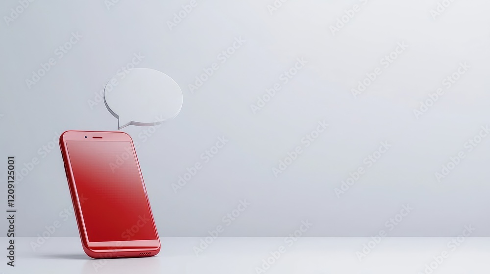 Poster red smartphone with speech bubble; communication concept; minimalist background; online messaging