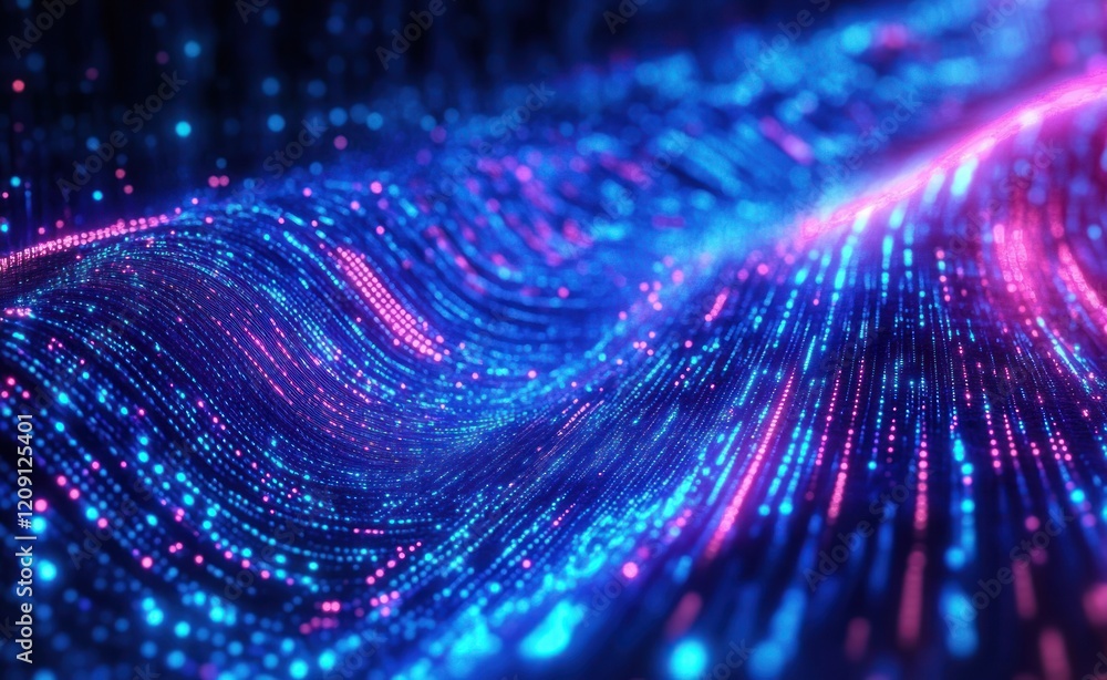 Poster futuristic data stream in cyberspace with neon lights and waves of information