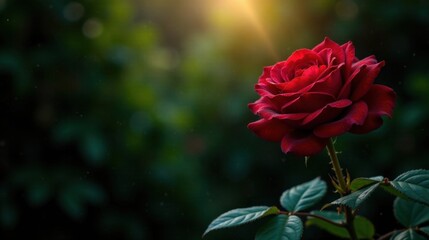 Obraz premium A Single Crimson Rose Illuminated by Golden Sunlight in a Lush Garden