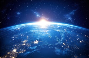 Fototapeta premium A wide shot of the Earth from space at night, with lights glowing on the city and urban areas around it, against a dark blue sky. The scene has an atmospheric and cinematic feel.