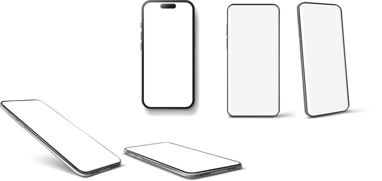 five smartphones with blank screens, displayed from various angles including front, side, and tilted views, highlighting their sleek design.
