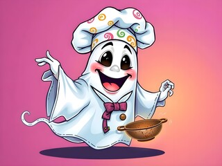 Un travieso chef espiritual animado, flotando con una sartén y una alegre acción de cocinar en la cocina.