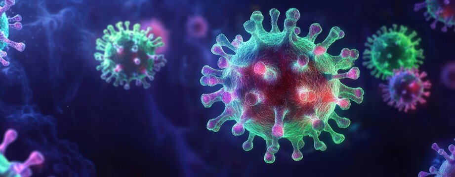 Digital Illustration of Viruses in Space Neon Colors Microbiology Virology Concept Design