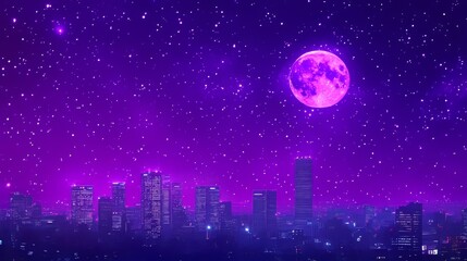 Fototapeta premium Purple Night Cityscape Underneath Gigantic Moon and Stars