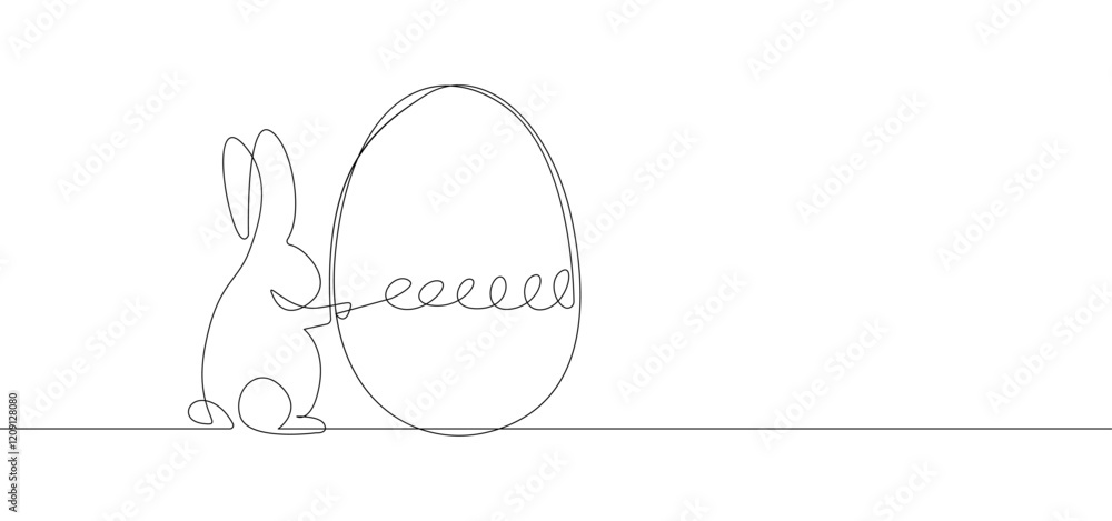 Poster continuous one line drawing of cute easter rabbit and egg. easter bunny for spring design in simple 