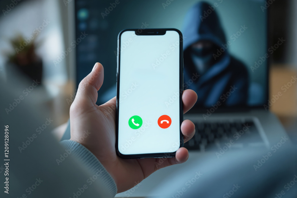 Poster close-up of a smartphone with incoming call interface held in hand, foreground in focus, blurred bac