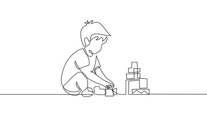 Little Boy Playing with Toys One Line Vector Illustration. Continuous Single Line Drawing of Happy Child. Boy Playing Hand Drawn Contour Silhouette Outline Style.