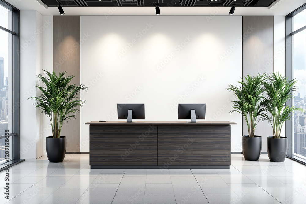 Poster reception desk setup with computers, flanked by green potted plants in a bright office. clean, minim