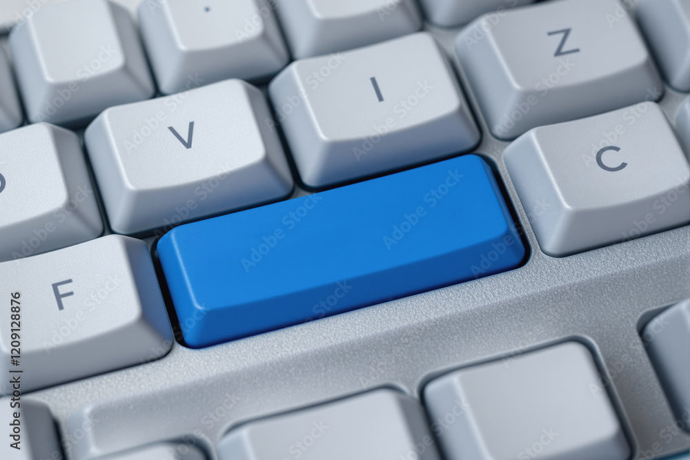 Poster close-up of a keyboard featuring a standout blue keycap among white keys. clean and modern design, p