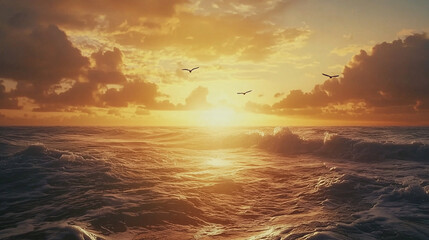 Obraz premium A stunning sunset over the ocean, with the golden glow reflecting on the gentle waves, seagulls silhouetted against the colorful sky as they fly across the horizon.