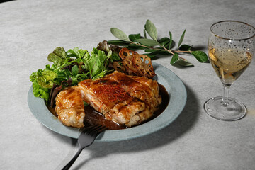 Chicken Thighs with sweet apple vinegar. Roasted Chicken Thighs with salad