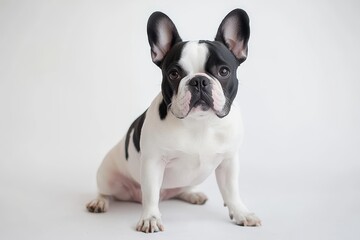Fototapeta premium White and black French bulldog sitting, looking at the camera, full-body, front view against a white background.