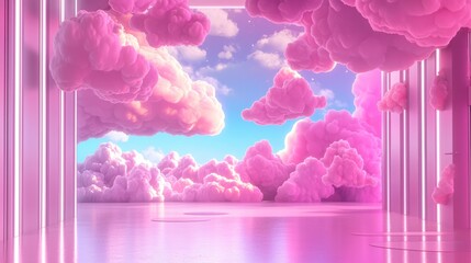 Surreal Pink Cloud Dreamscape Futuristic Room with Cotton Candy Clouds and Neon Lighting