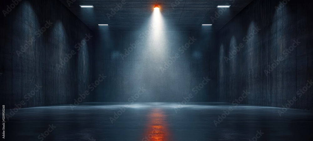 Poster minimalist dark studio room with overhead light and polished floor for abstract performance backgrou