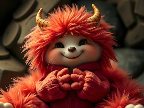 A cute, fluffy monster character with colorful horns, playful expressions, and a fun, whimsical style