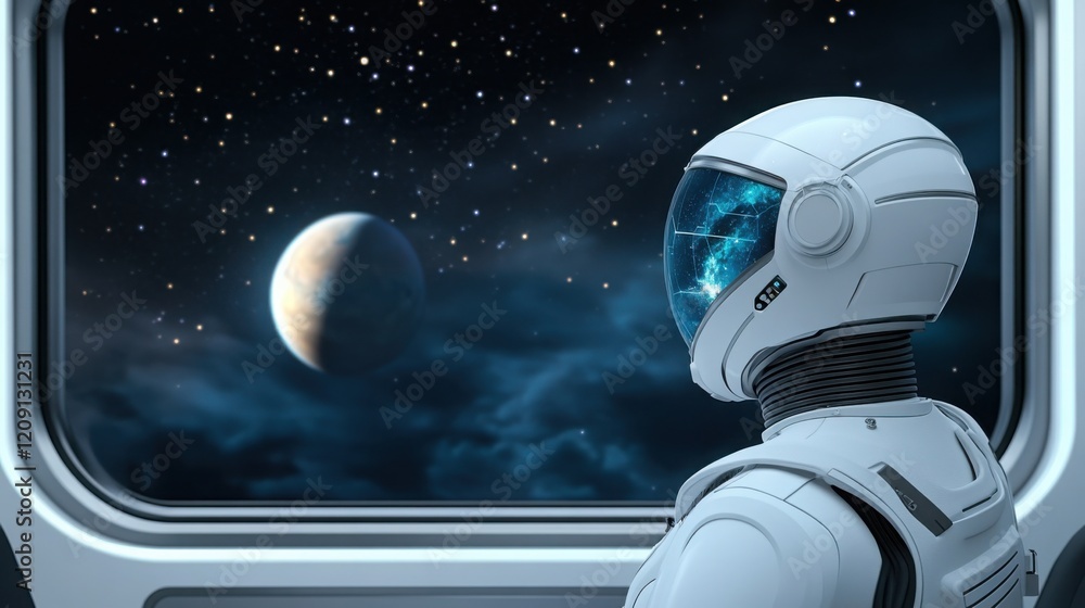 Poster an advanced ai robot guiding visitors through a space observatory