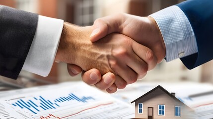 Businessmen shaking hands over a house model and financial documents
