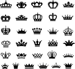 Black Crown Icons Set Royal King Queen Design Elements logo regal power tiara badge vector symbol   