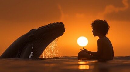 Silhouette of a child and whale at sunset by the ocean.