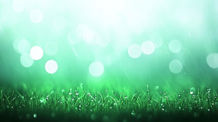 Obraz premium Rain-Kissed Grass Blades, Soft Green Bokeh Background