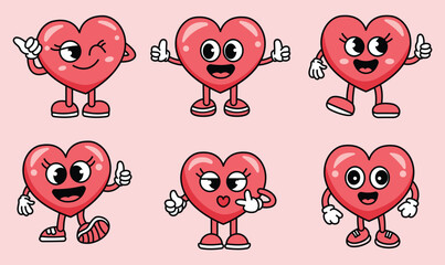 A playful and cheerful illustration featuring multiple cartoon-style heart characters in vector illustration