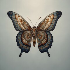 A butterfly with intricate mandala patterns on its wings on a light background.