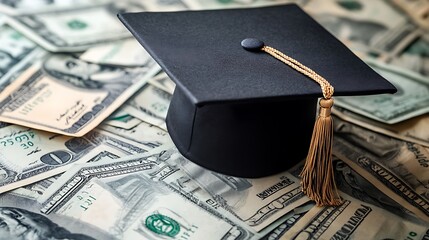 A black graduation cap rests atop a pile of dollar background