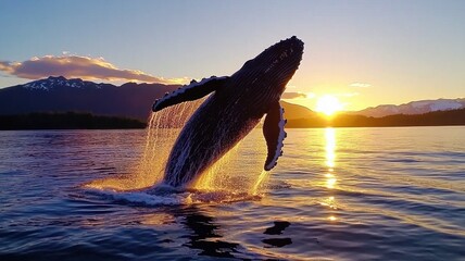 Fototapeta premium A whale breaching at sunset against a scenic backdrop.