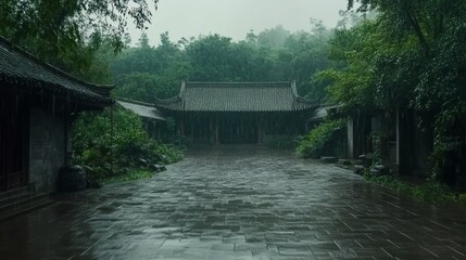 Fototapeta premium Rainy Day at Ancient Chinese Temple Complex