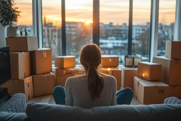 Moving Boxes Woman Using Smartphone App for New Home Delivery Packing Unpacking Relaxing Living Room Sofa