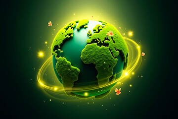 Globe made of green foliage with swirling energy lines representing plant-based sustainability