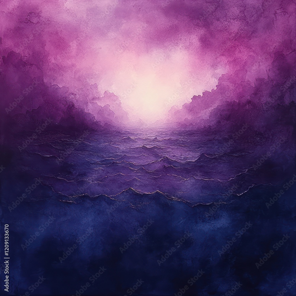 Poster abstract watercolor background in purple tones with gradient center and cloudy frame
