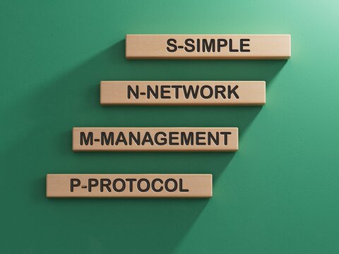 Closeup wood cubes into the row to complete the word snmp, converge benefits, mutal benefits concept.3D rendering on green background.