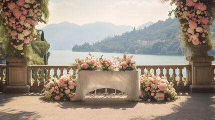 Luxurious outdoor wedding table Decorated with Roses and with Lake View. Event Planners. Floral Designers. Wedding Venues. Wedding Season. National Proposal Day. 