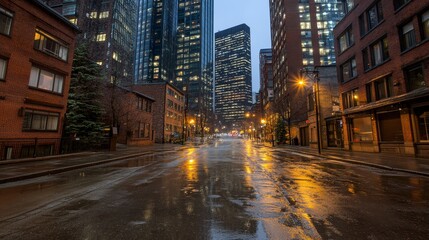 Rainy Night Cityscape Empty Street Reflecting Lights