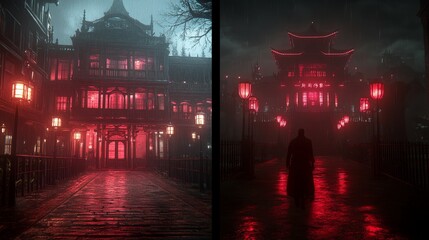Naklejka premium Rainy Night Cityscape Illuminated Asian Architecture