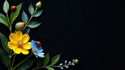 Obraz premium A vibrant arrangement of yellow and blue wildflowers, delicately adorned with ladybugs, creates a stunning contrast against a deep black backdrop, offering a space for text or design elements.