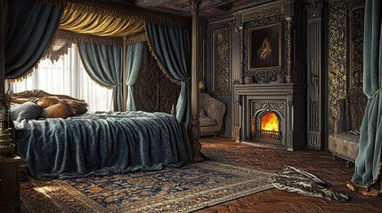 A cozy winter-inspired vintage bedroom featuring heavy velvet drapes