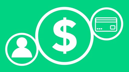 Financial business money concept banner design illustration background with icons, geometric shapes and vibrant colors.  Finance ideas composition greeting cards for social media presentation and ads