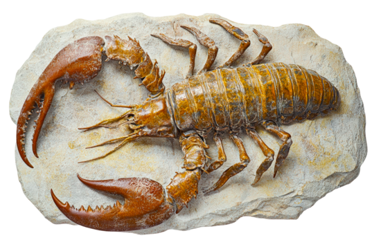 Fossilized lobster discovered in a rocky environment during paleontological research isolated on transparent background