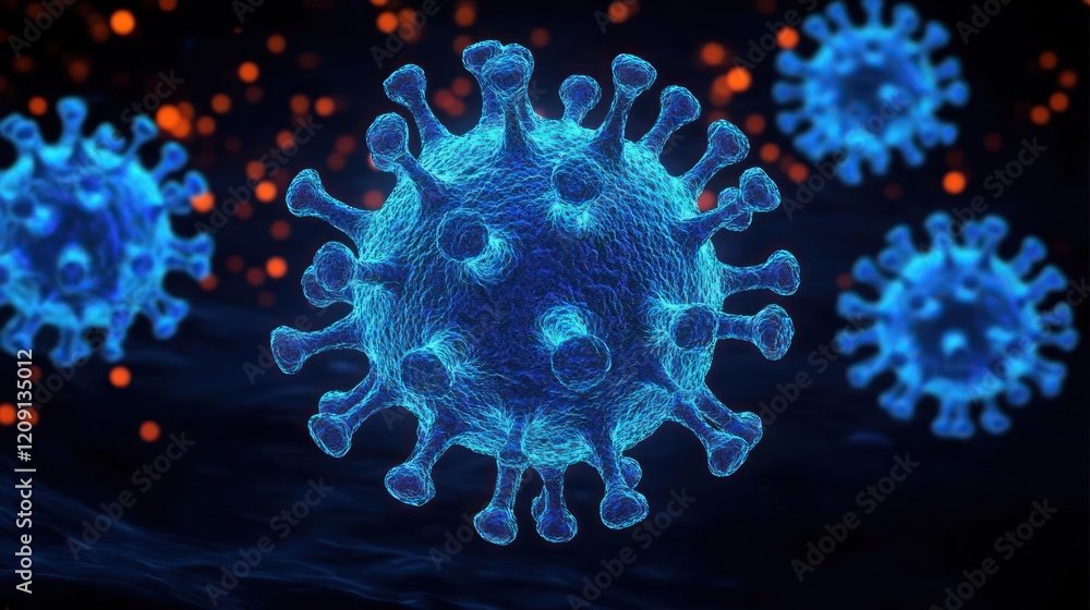 Poster 3d rendering of coronavirus structure in science fiction style with glowing blue light and dark back