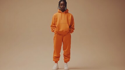 a model wearing a orange tracksuit that consists of a hooded sweatshirt and matching jogger pants. The hoodie has a front pocket and a relaxed fit, while the pants feature an elastic waistband