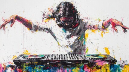 Dynamic DJ performing with vibrant colors in a lively music atmosphere