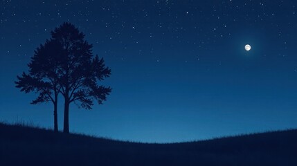 Serene Nighttime Landscape Featuring Silhouetted Trees Under a Starry Sky and a Bright Moon