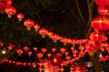 Lanterns of Chinese New Year in the night. Abstract Bokeh background