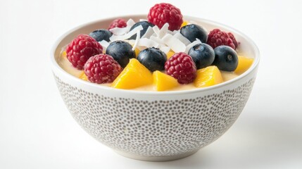 A bowl of refreshing mango coconut chia pudding topped with fresh berries and shredded coconut, Its tropical sweetness and creamy texture enticingly displayed